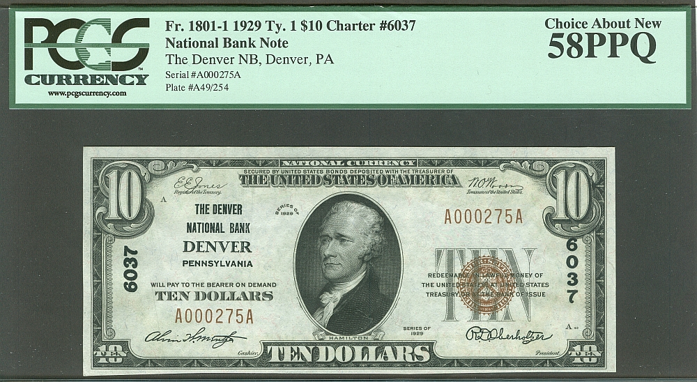 Denver, Pennsylvania, Ch.#6037, 1929T1 $10, A000275A, PCGS58-EPQ